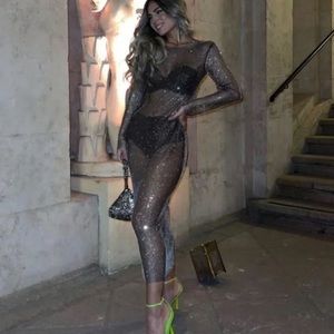 Zara Sheer Metallic Sparkle Midi Dress in Black/Silver -missing gems